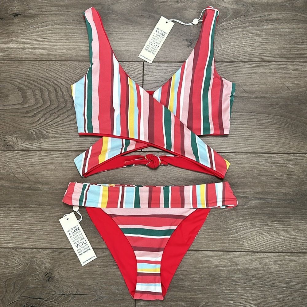Shore Banded Vibrant Multicolor Wrap Reversible Bikini Swim Suit‎ Size Small